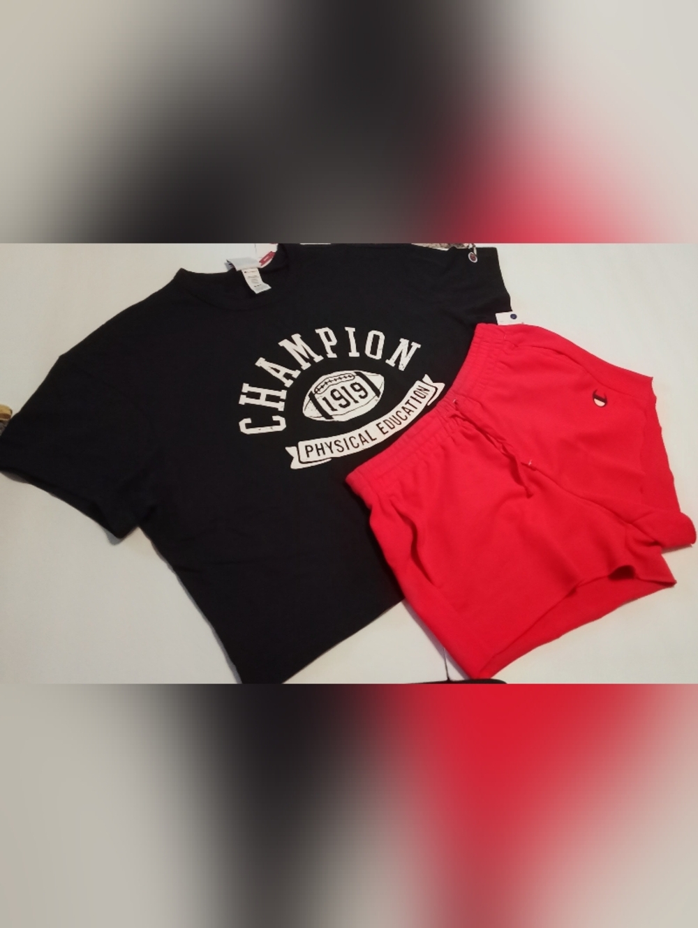 Champion Black Graphic Tee with Red Shorts